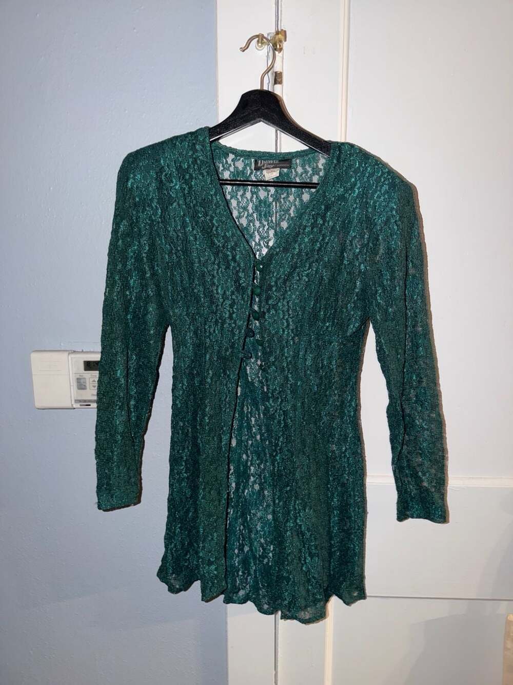 Vintage Dawn Joy Fashions Emerald Green Lace Long Sleeve Button-Front Jacket